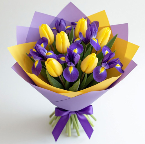 "Королевская палитра". Букет ирисов и тюльпанов
