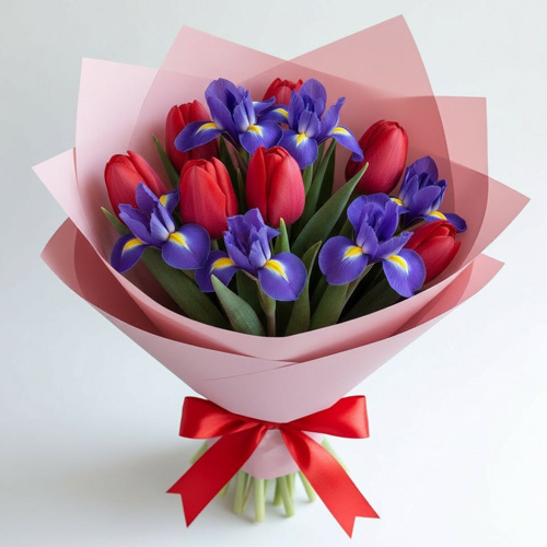 "Танец лепестков". Букет ирисов и тюльпанов